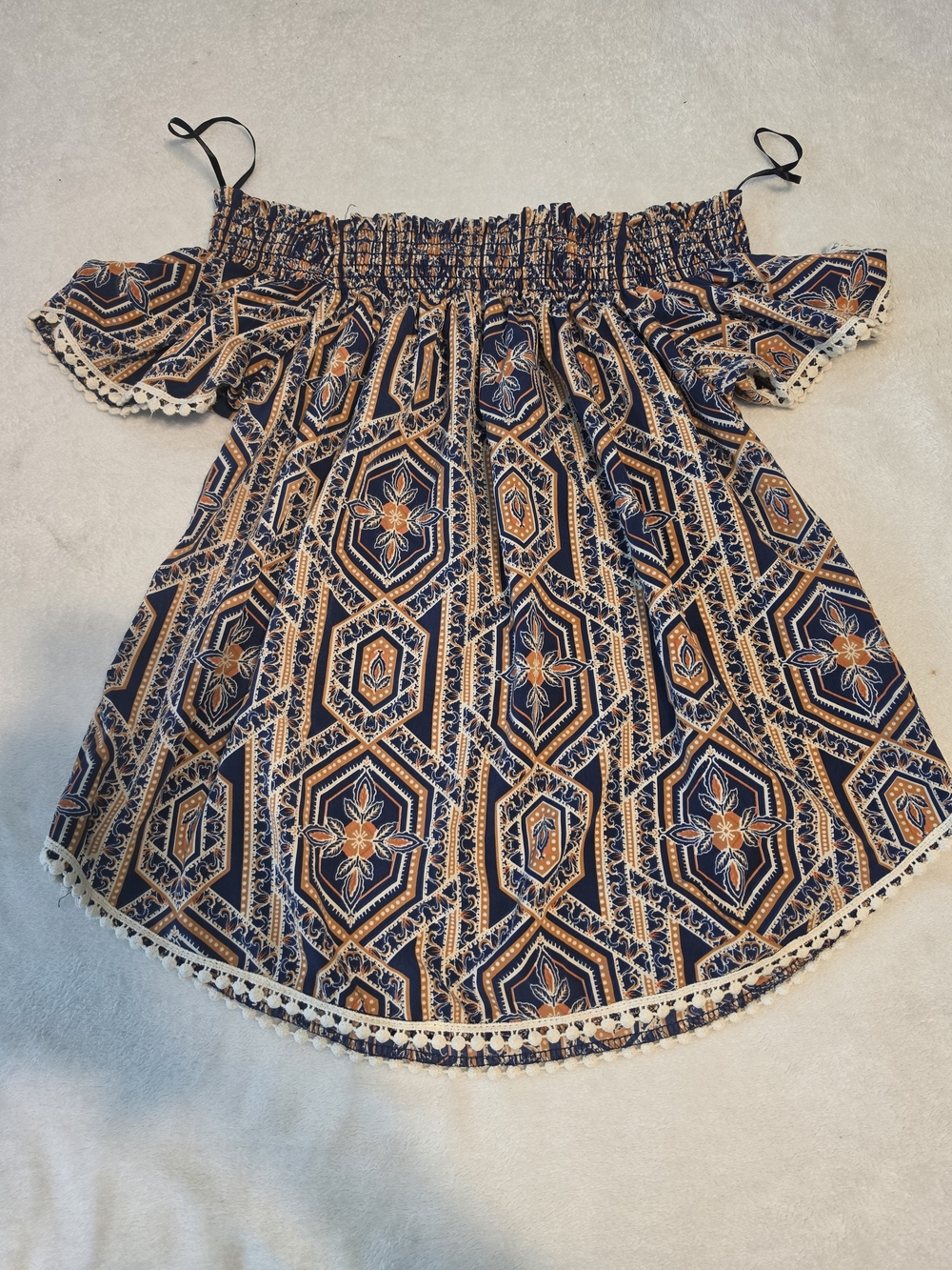 Agaci Boho Print Off-Shoulder Floral Tile Print Top - Navy & Orange - M